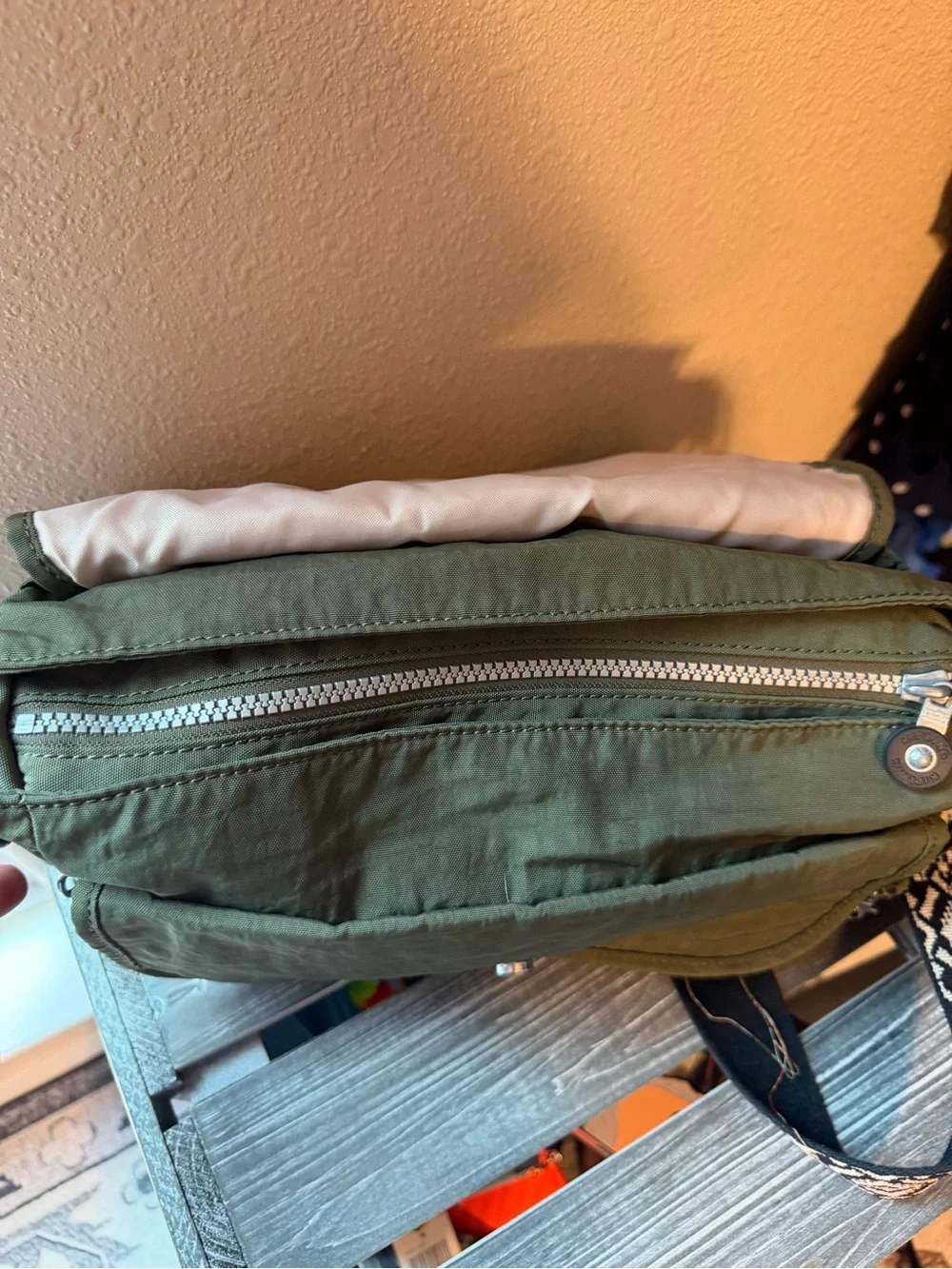 Kipling Olive Green Messenger Bag with Patterned Strap